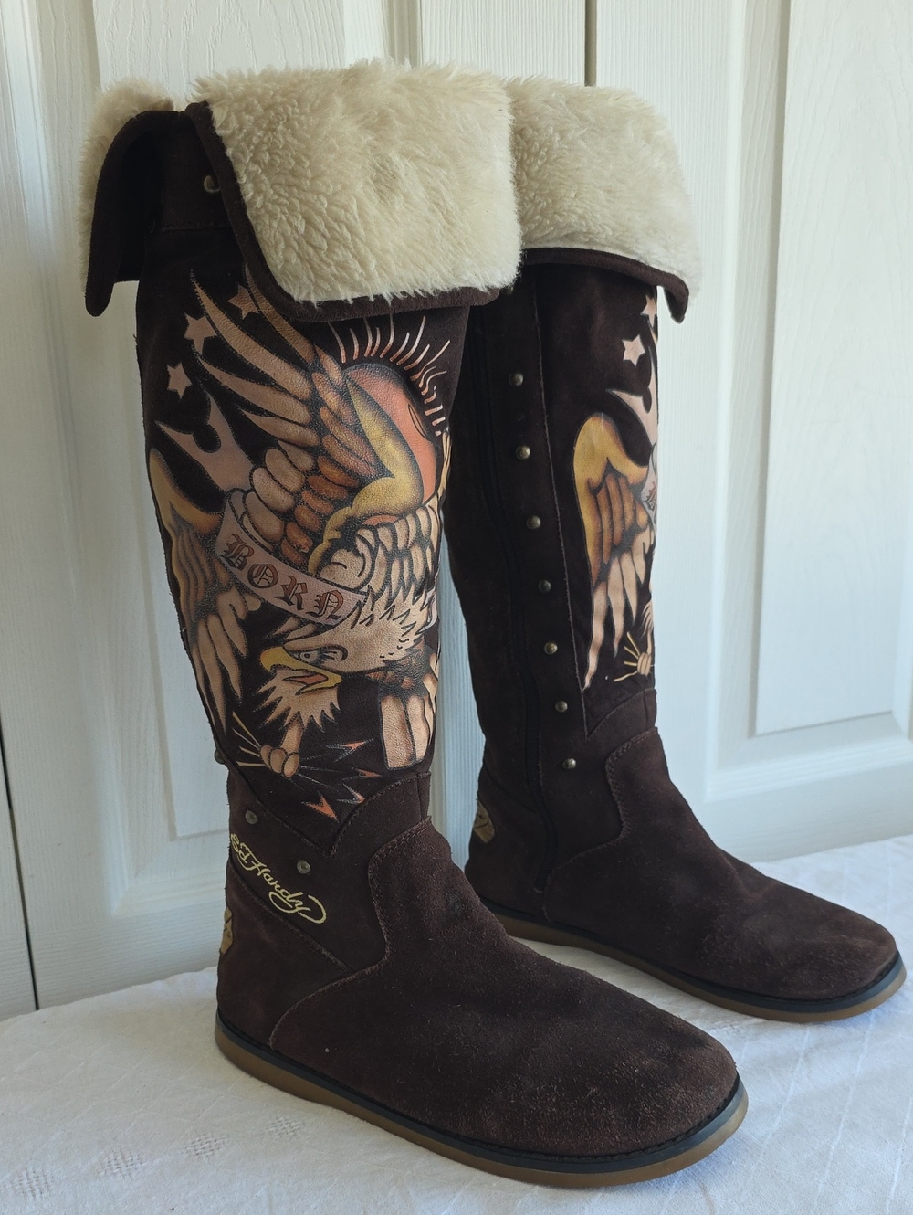 Women’s Ed Hardy BORN FREE Brown Suede Boots with Shearling Size 9 Has Issues